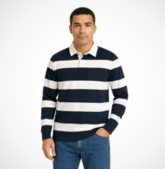 Heavyweight Rugby Polo – Striped Classic Design, Cotton Blend, Reinforced Collar & Seams, Buttoned Placket, Long Sleeves, Custom Badge Embroidery, Durable & Comfortable